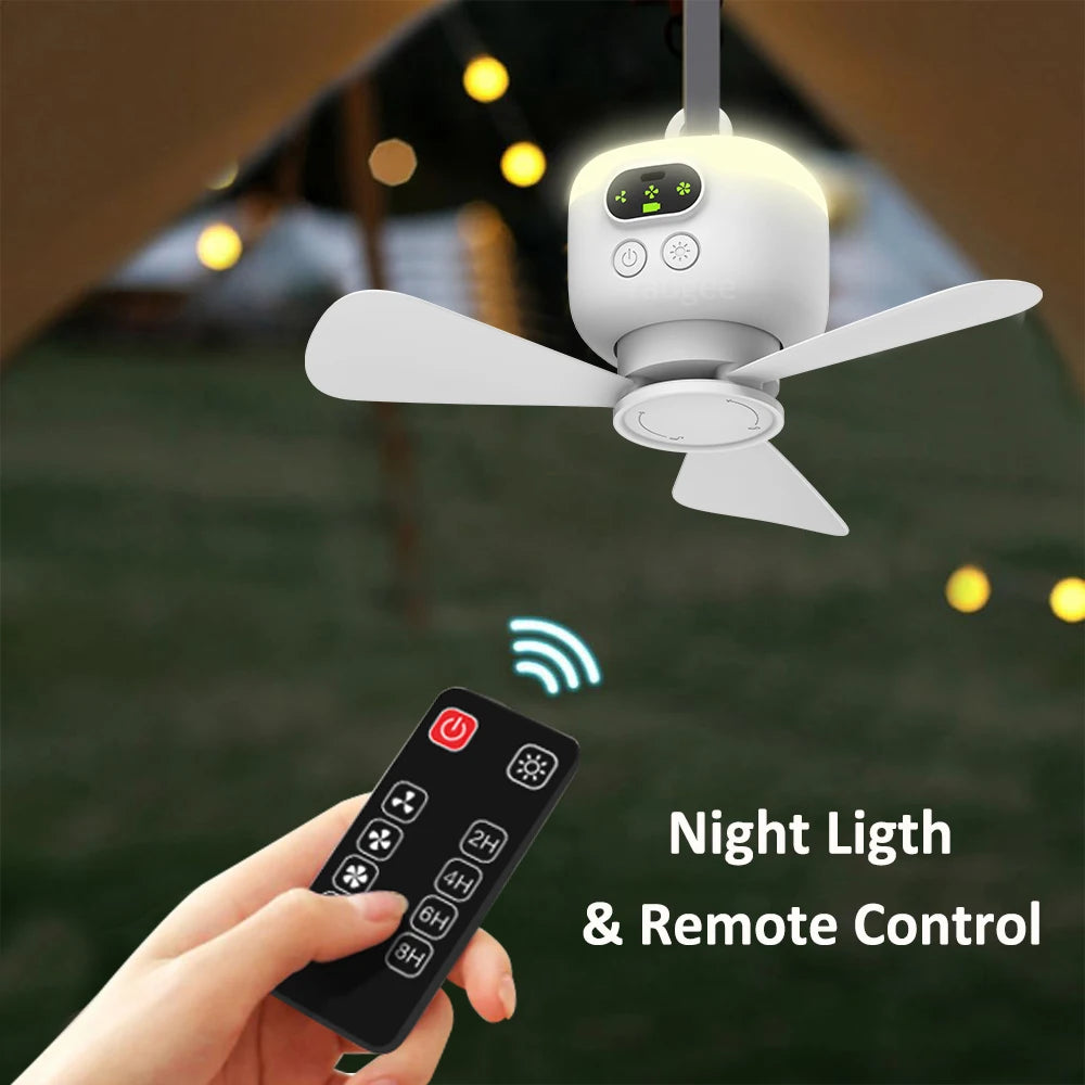 Fan uasteorainn lucht leanúna iniompartha campála puball uasteorainn lucht leanúna ceannbhrat 8000mAh lucht leanúna gan sreang athluchtaithe aeir le solas cianrialtáin le solas cianrialtáin