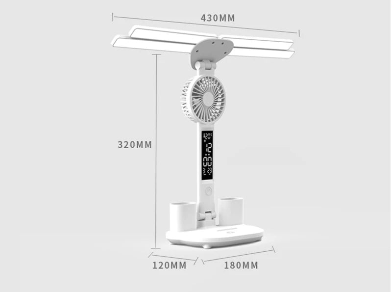 Dobíjecí stolní lampa pro studium, Světelné světlo LED stolní světlo s ventilátorem, LED hodiny čtení