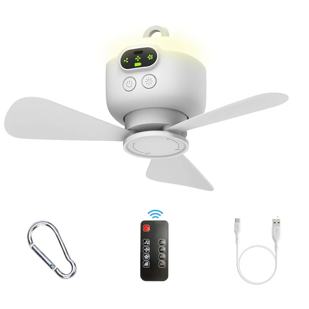 Fan uasteorainn lucht leanúna iniompartha campála puball uasteorainn lucht leanúna ceannbhrat 8000mAh lucht leanúna gan sreang athluchtaithe aeir le solas cianrialtáin le solas cianrialtáin