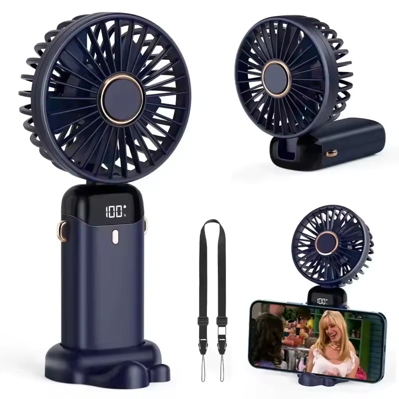 Håndholdt mini -fan - sammenfoldelig bærbar hals hængende ventilator med 5 hastigheder, LED -display & telefonstativ (USB genopladelig, 1800mAh)