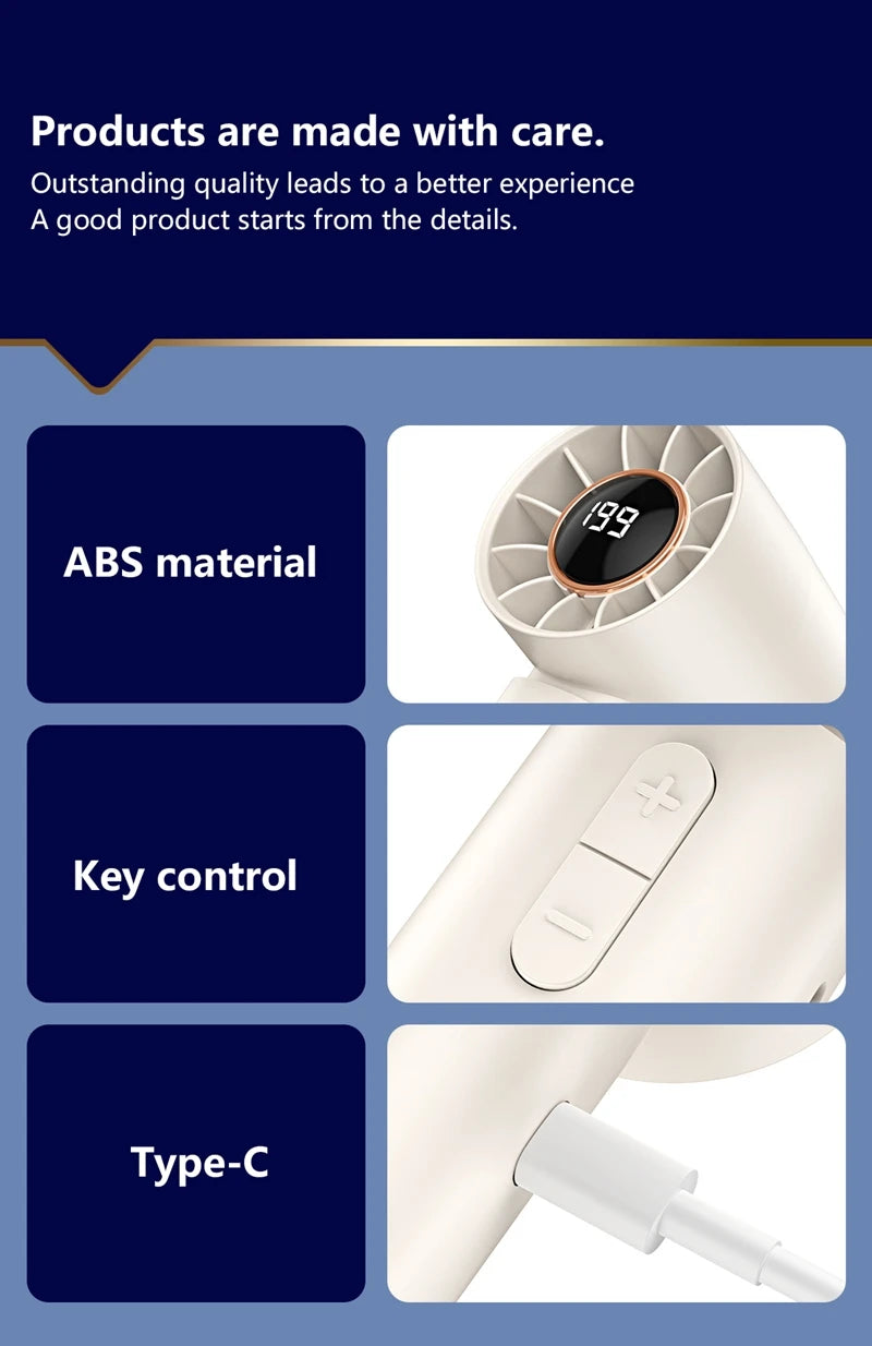 Mini Bladeless Handheld Fan - USB Genopladelig bærbar personlig køleventilator (100 vindhastigheder)