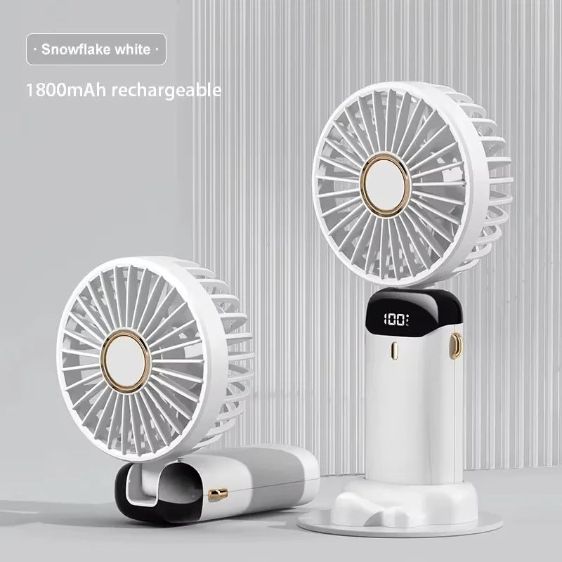Håndholdt mini -fan - sammenfoldelig bærbar hals hængende ventilator med 5 hastigheder, LED -display & telefonstativ (USB genopladelig, 1800mAh)