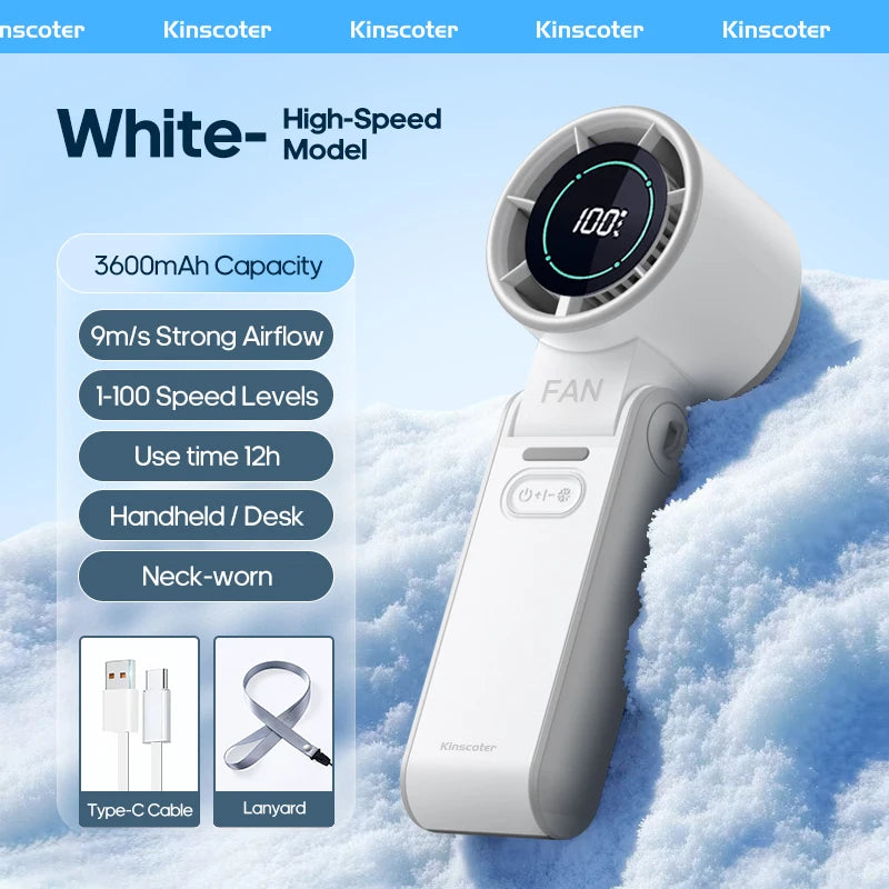 3600mAh Rechargeable Electric Handheld Fan 100 Speeds Adjustable Portable Outdoor Foldable Mini Air Cooling Turbo Fan w/ Lanyard