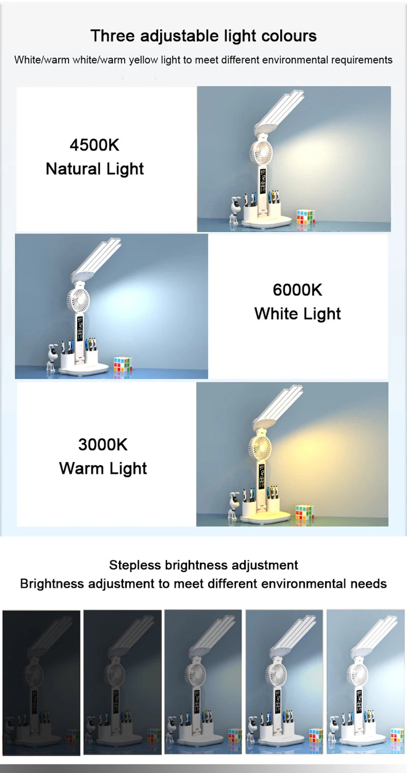 Dobíjecí stolní lampa pro studium, Světelné světlo LED stolní světlo s ventilátorem, LED hodiny čtení