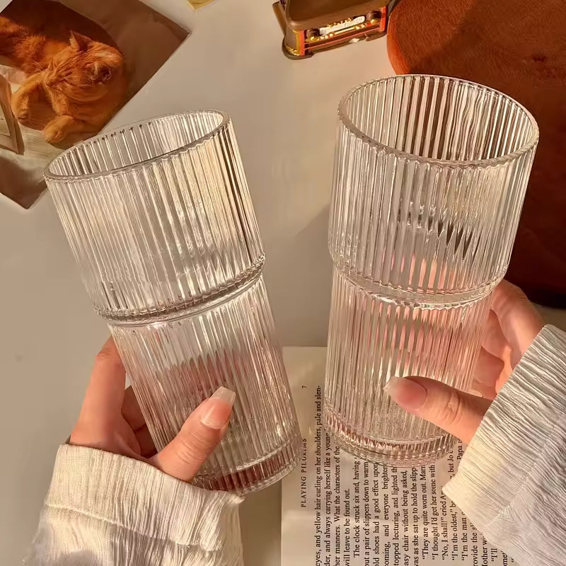 600 ml stribe glas kaffekop med låg og halm - gennemsigtig genanvendelig iskaffe og juice tumbler