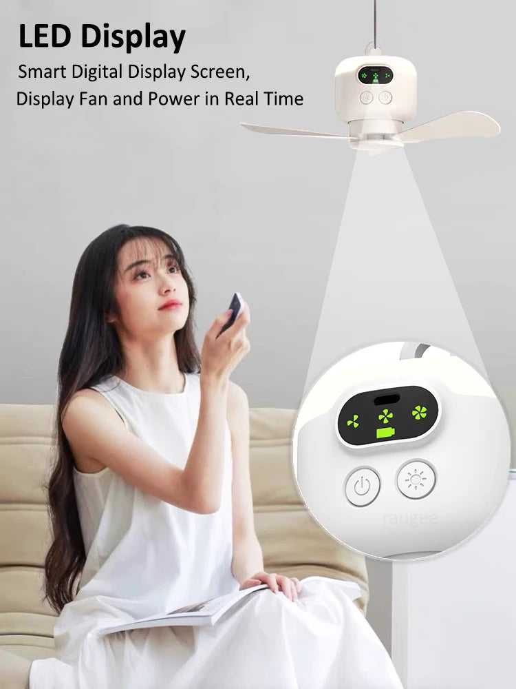 Fan uasteorainn lucht leanúna iniompartha campála puball uasteorainn lucht leanúna ceannbhrat 8000mAh lucht leanúna gan sreang athluchtaithe aeir le solas cianrialtáin le solas cianrialtáin