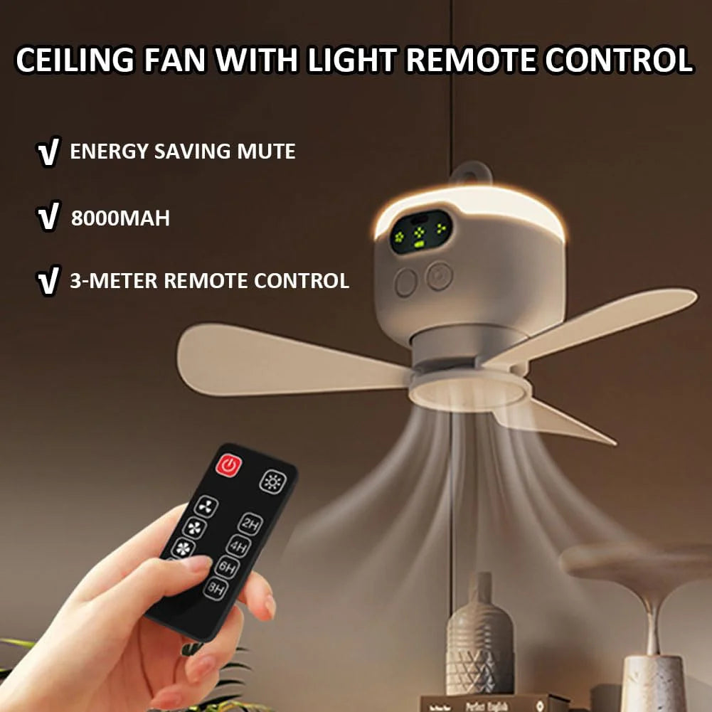 Fan uasteorainn lucht leanúna iniompartha campála puball uasteorainn lucht leanúna ceannbhrat 8000mAh lucht leanúna gan sreang athluchtaithe aeir le solas cianrialtáin le solas cianrialtáin