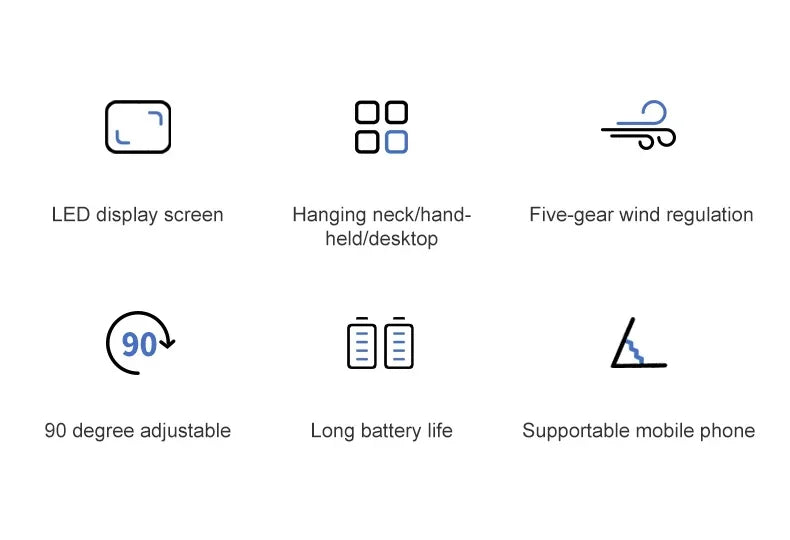 Håndholdt mini -fan - sammenfoldelig bærbar hals hængende ventilator med 5 hastigheder, LED -display & telefonstativ (USB genopladelig, 1800mAh)