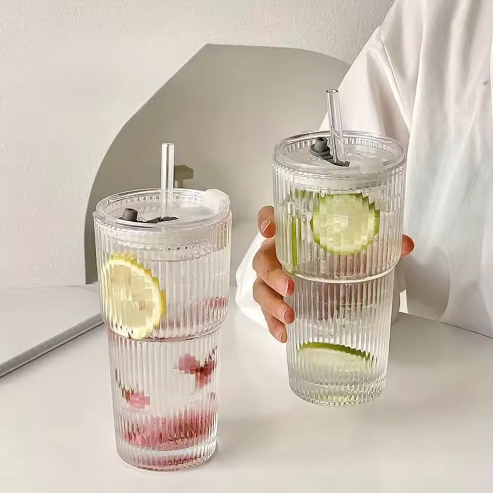 600 ml stribe glas kaffekop med låg og halm - gennemsigtig genanvendelig iskaffe og juice tumbler