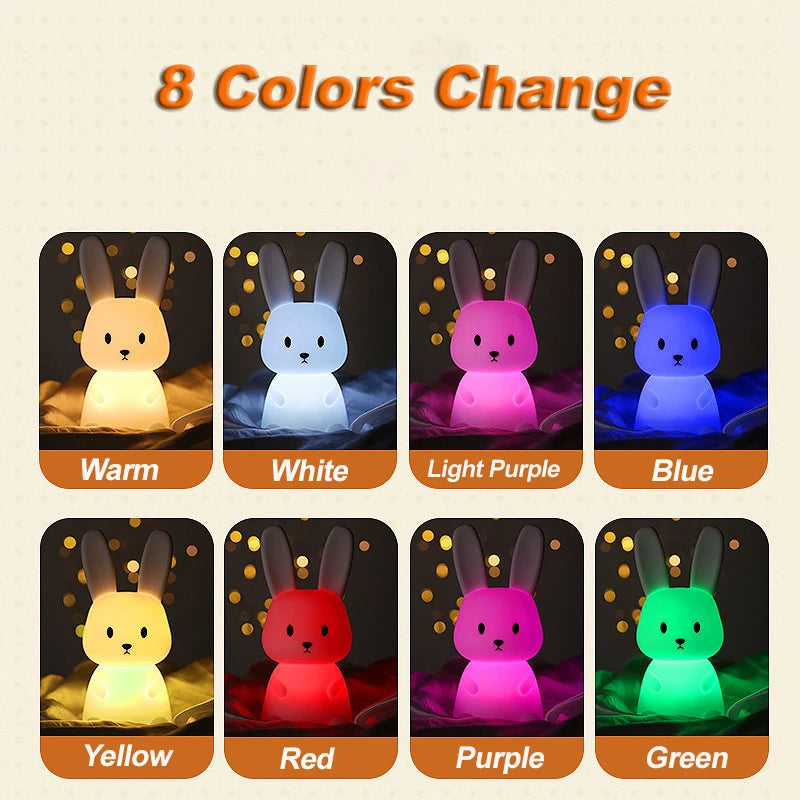 Solas oíche tadhaill glowbunny ™ - lampa coinín silicone bog le 7 dathanna & lasc ama do pháistí & seomraí leanbh
