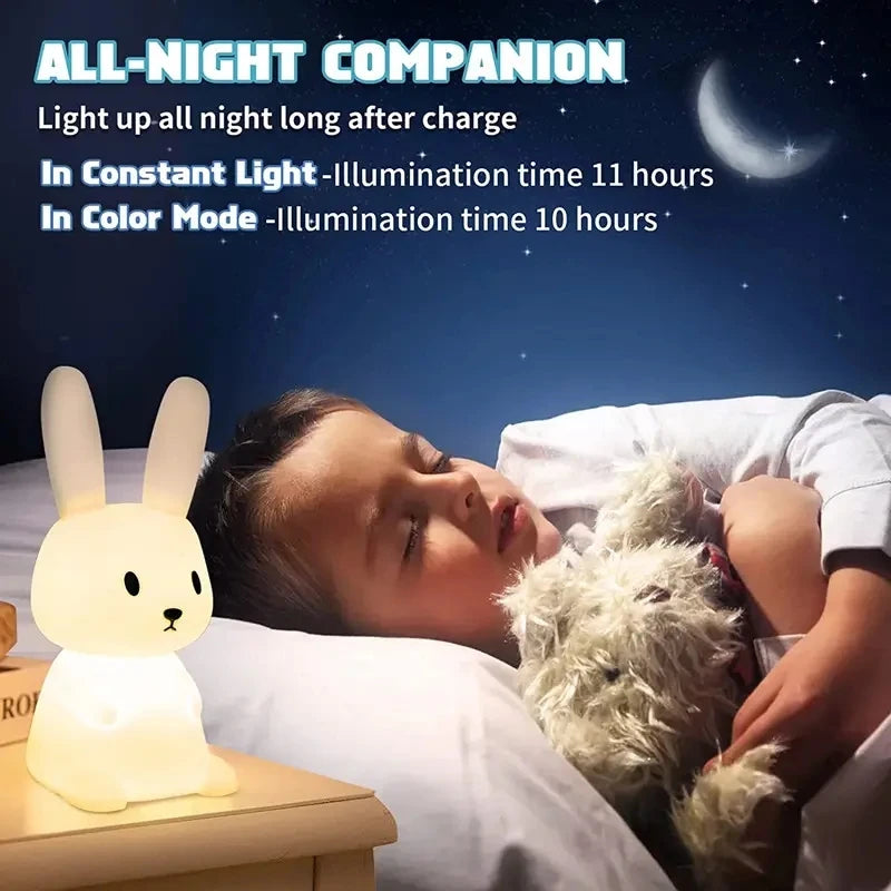 Solas oíche tadhaill glowbunny ™ - lampa coinín silicone bog le 7 dathanna & lasc ama do pháistí & seomraí leanbh