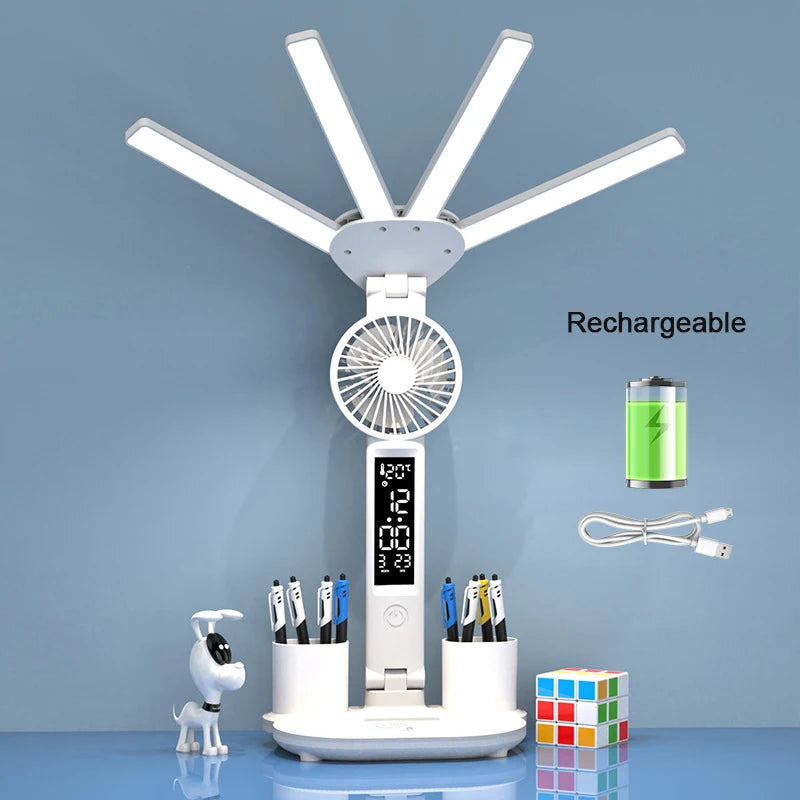 Dobíjecí stolní lampa pro studium, Světelné světlo LED stolní světlo s ventilátorem, LED hodiny čtení