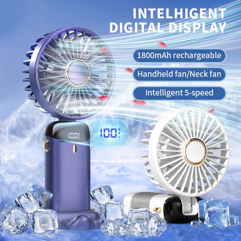Håndholdt mini -fan - sammenfoldelig bærbar hals hængende ventilator med 5 hastigheder, LED -display & telefonstativ (USB genopladelig, 1800mAh)