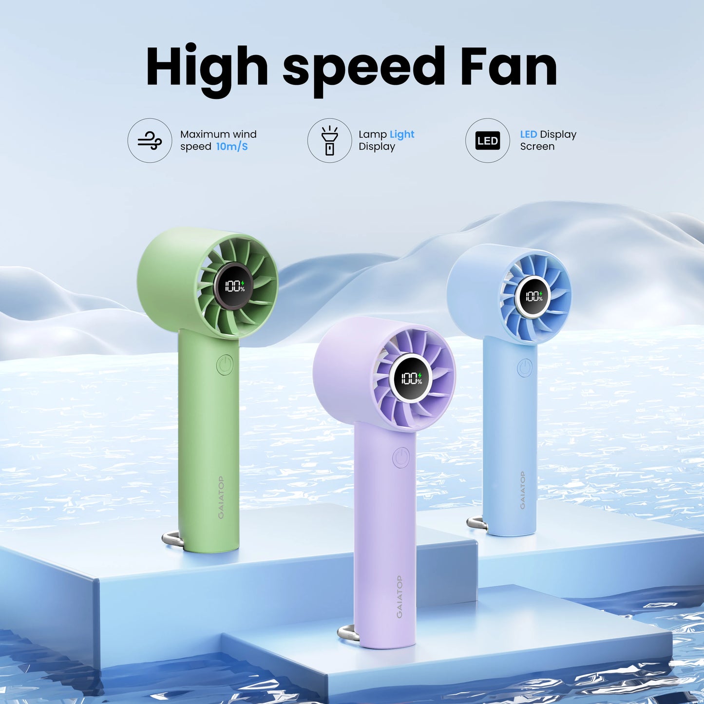 Gaiatop bærbar mini -ventilator med LED -display & lommelygte - 3 hastigheder, USB -genopladelig, håndholdt og desktop afkøling