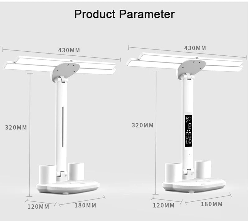 Dobíjecí stolní lampa pro studium, Světelné světlo LED stolní světlo s ventilátorem, LED hodiny čtení