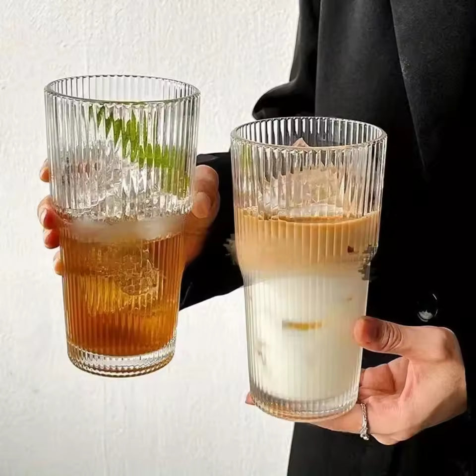 600 ml stribe glas kaffekop med låg og halm - gennemsigtig genanvendelig iskaffe og juice tumbler