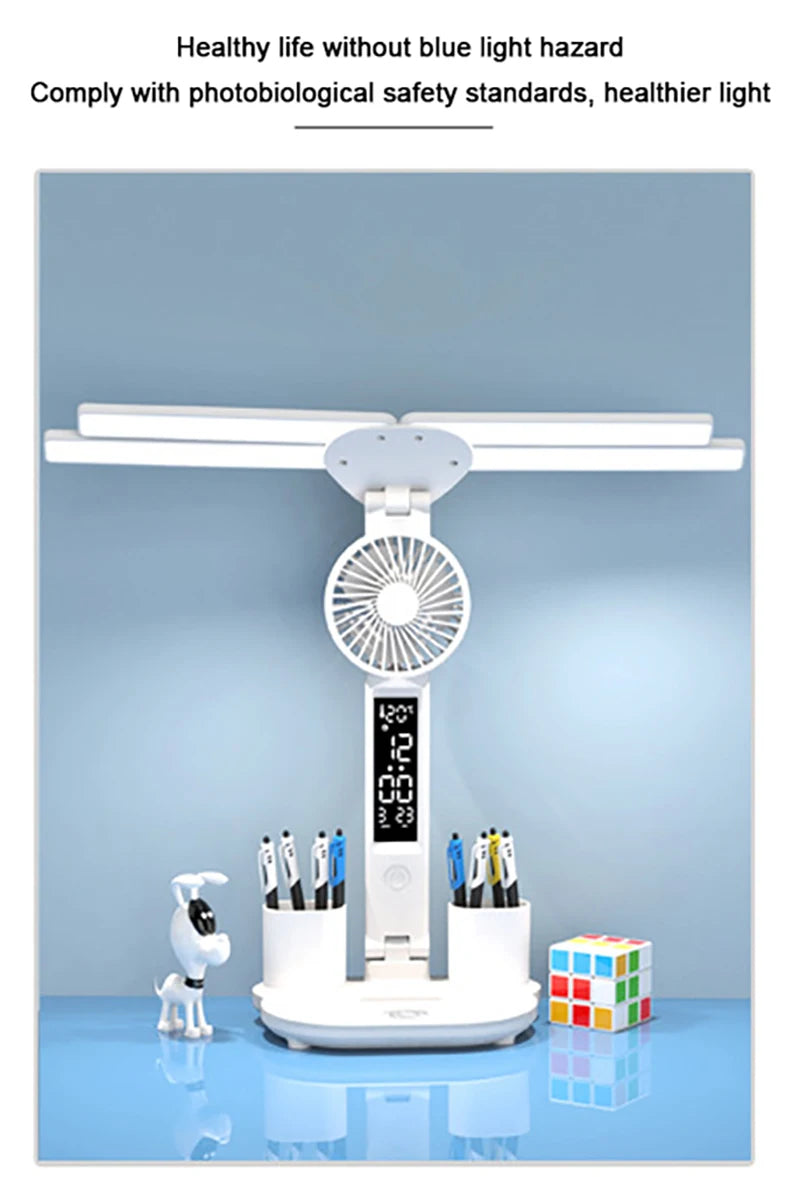 Dobíjecí stolní lampa pro studium, Světelné světlo LED stolní světlo s ventilátorem, LED hodiny čtení