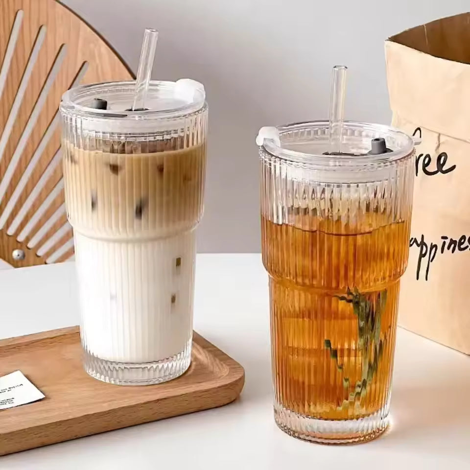 600 ml stribe glas kaffekop med låg og halm - gennemsigtig genanvendelig iskaffe og juice tumbler