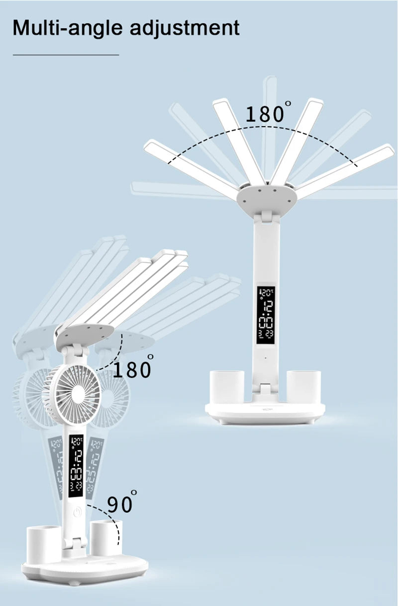 Dobíjecí stolní lampa pro studium, Světelné světlo LED stolní světlo s ventilátorem, LED hodiny čtení