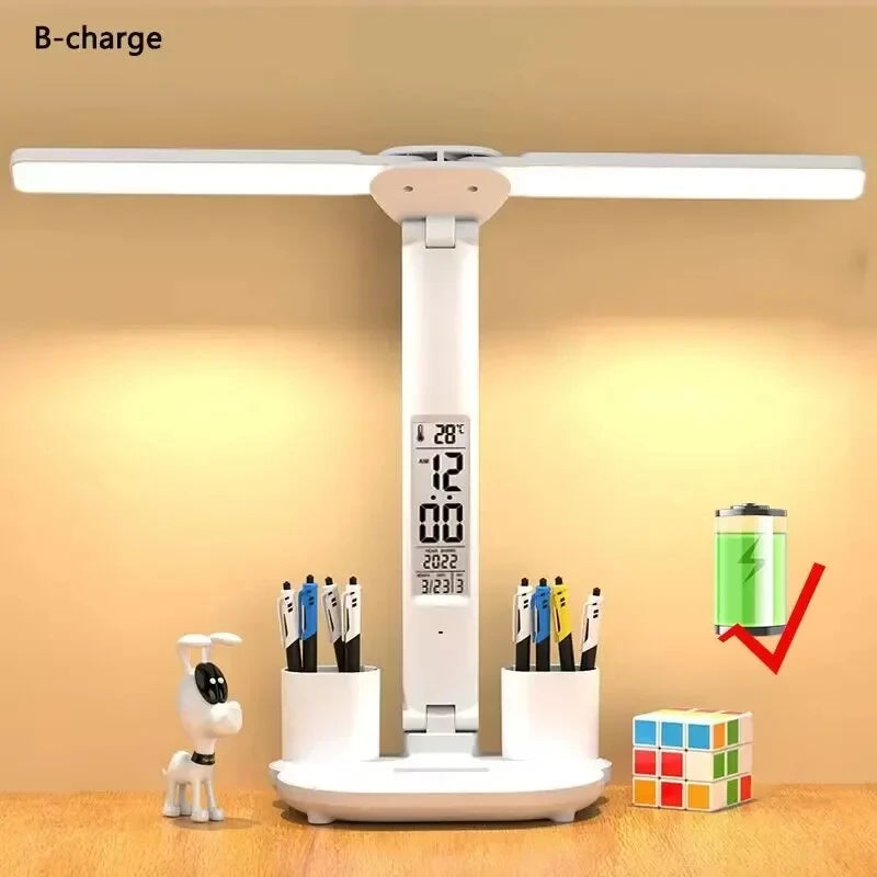Dobíjecí stolní lampa pro studium, Světelné světlo LED stolní světlo s ventilátorem, LED hodiny čtení