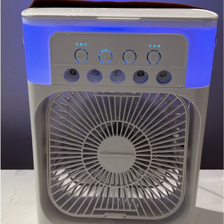 3-i-1 bærbar luftkølerventilator-LED natlys, luftfugter og USB-drevet mini AC