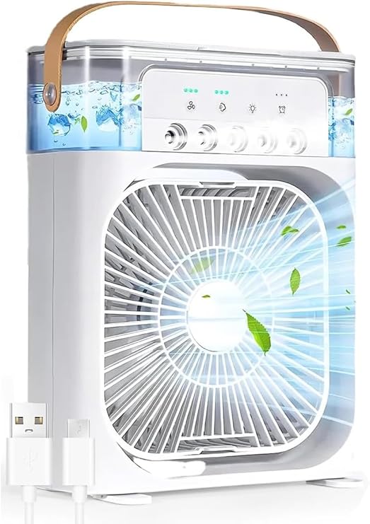 3-i-1 bærbar luftkølerventilator-LED natlys, luftfugter og USB-drevet mini AC