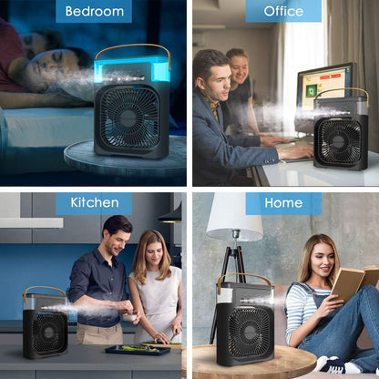 3-i-1 bærbar luftkølerventilator-LED natlys, luftfugter og USB-drevet mini AC