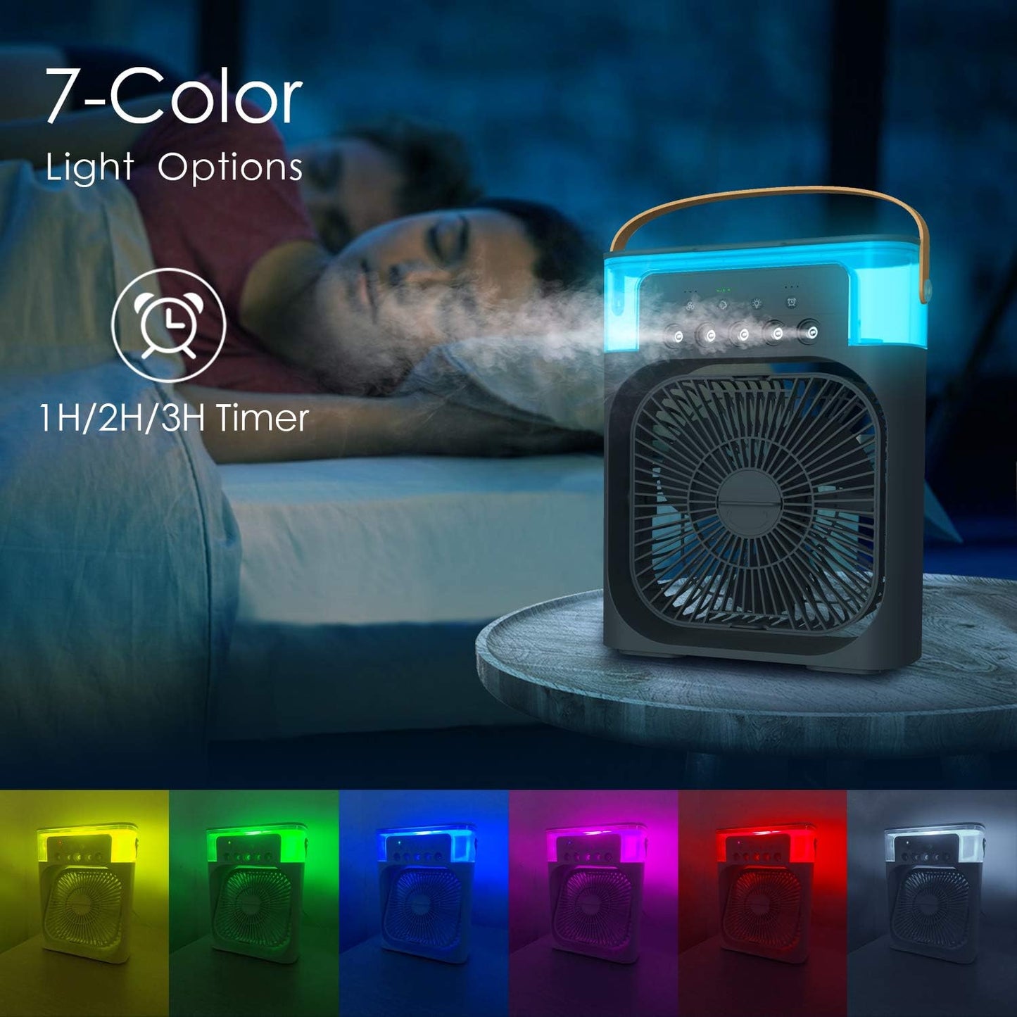 3-i-1 bærbar luftkølerventilator-LED natlys, luftfugter og USB-drevet mini AC