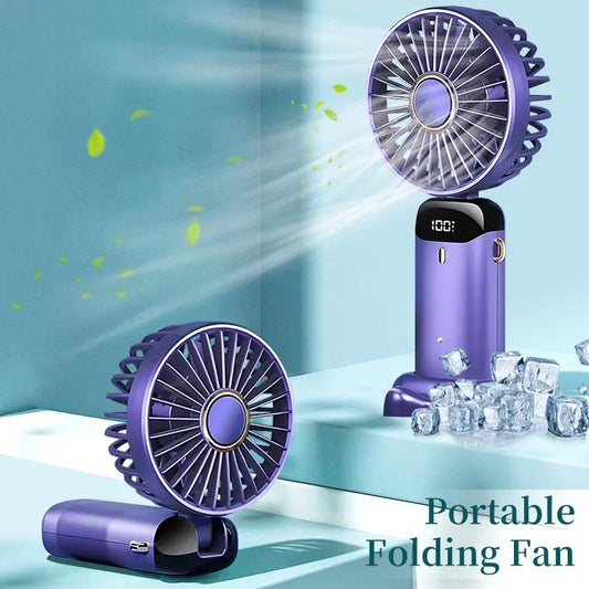 Håndholdt mini -fan - sammenfoldelig bærbar hals hængende ventilator med 5 hastigheder, LED -display & telefonstativ (USB genopladelig, 1800mAh)