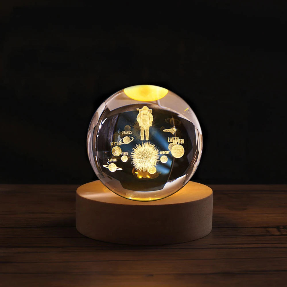 Solas Oíche Liathróid Léasair 3D Laser - Lampa faoi stiúir USB le bonn adhmaid