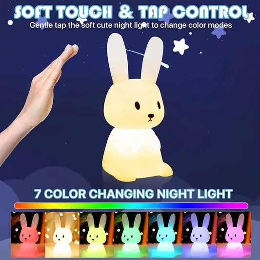 Solas oíche tadhaill glowbunny ™ - lampa coinín silicone bog le 7 dathanna & lasc ama do pháistí & seomraí leanbh