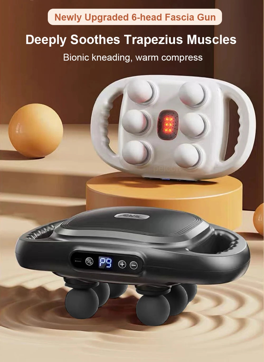 Gunna massage fascia ardmhinicíochta 6-ceann-Massager cnaguirlisí fíochán domhain le rialú tadhaill LED, 9 modh, agus lasc ama uathoibríoch