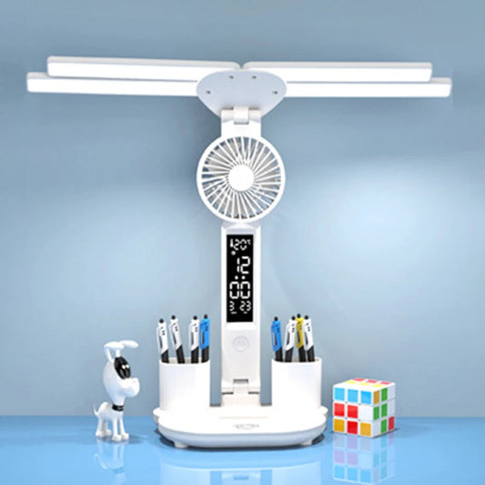 Dobíjecí stolní lampa pro studium, Světelné světlo LED stolní světlo s ventilátorem, LED hodiny čtení