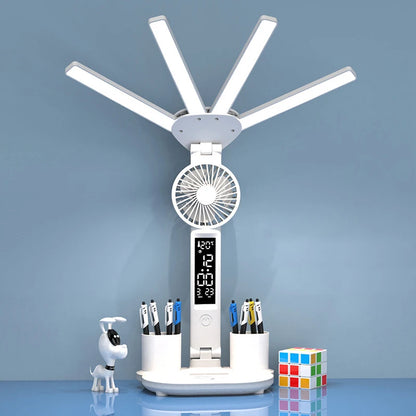 Wiederaufladbare Tischlampe für das Studium, Schreibtischlampe Lesen LED -LED -Tischlicht mit Lüfter, LED -Uhr Dispaly Leselampe