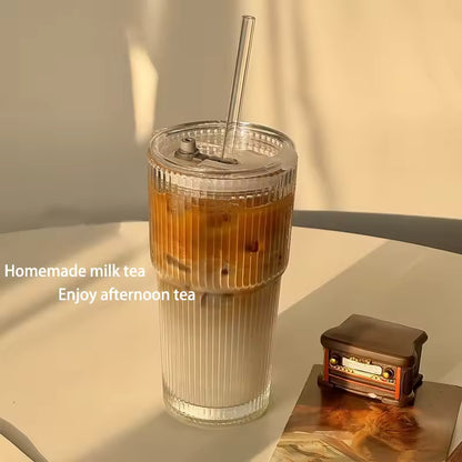 600 ml randglas kaffekopp med lock & halm - transparent återanvändbar iskaffe och juice tumlare