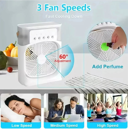 3-i-1 bærbar luftkølerventilator-LED natlys, luftfugter og USB-drevet mini AC