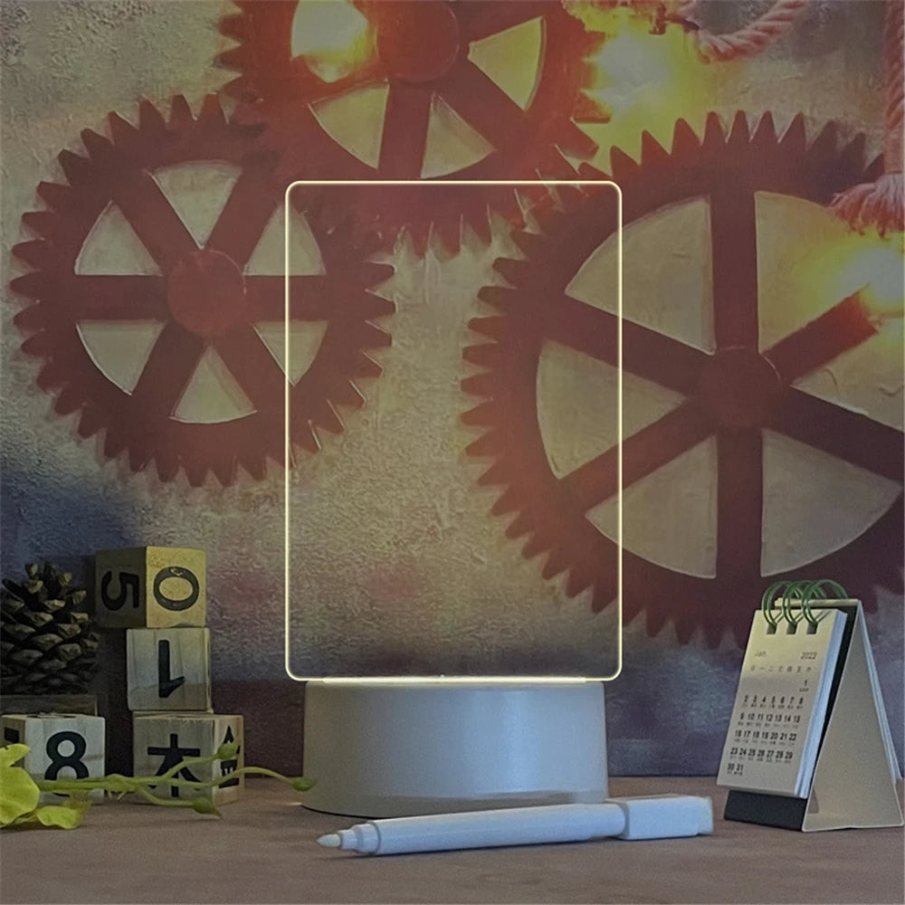 Akryl LED -opslagstavle Natlys - USB SLASABLE MEMO Lampe med pen til skrivebord, gaver og omgivende belysning