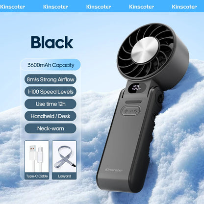 3600mAh Rechargeable Electric Handheld Fan 100 Speeds Adjustable Portable Outdoor Foldable Mini Air Cooling Turbo Fan w/ Lanyard
