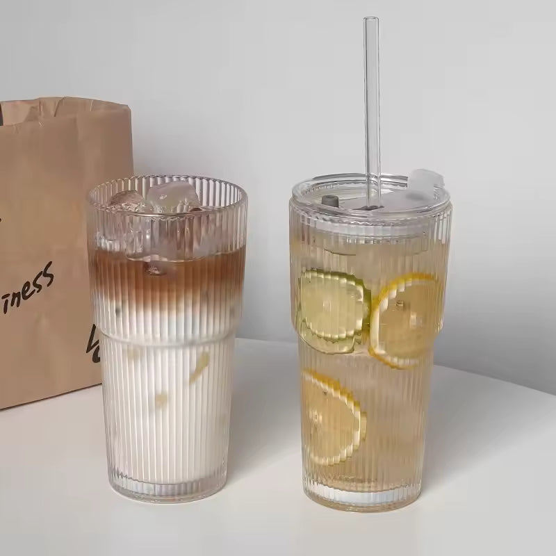 600 ml randglas kaffekopp med lock & halm - transparent återanvändbar iskaffe och juice tumlare