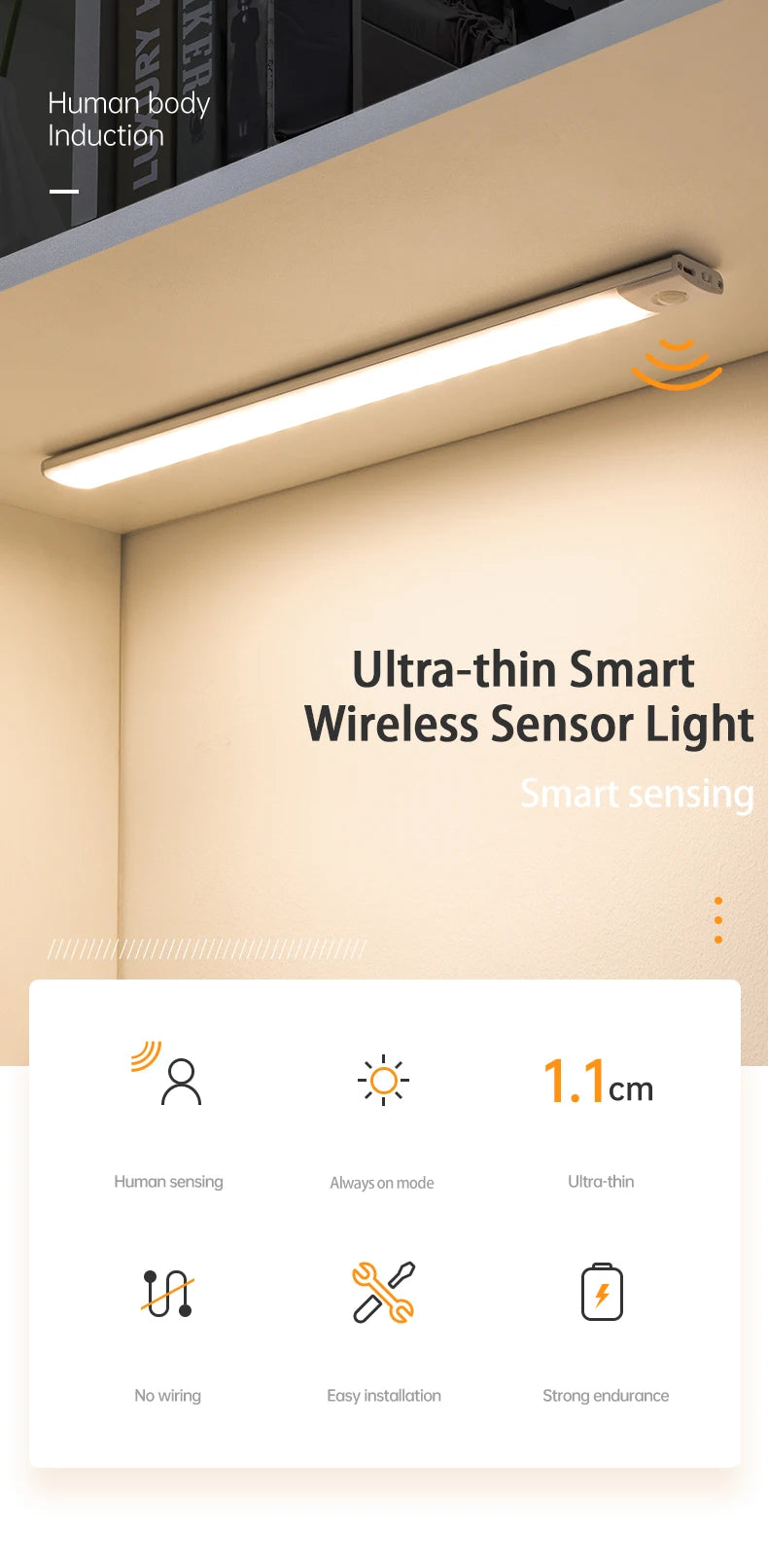 <tc><tc>Lunvail</tc></tc>™ Luz LED 3 en 1 con sensor de movimiento: lámpara recargable por USB para armario, armario y pared (10–50 cm)