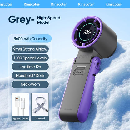 3600mAh Rechargeable Electric Handheld Fan 100 Speeds Adjustable Portable Outdoor Foldable Mini Air Cooling Turbo Fan w/ Lanyard