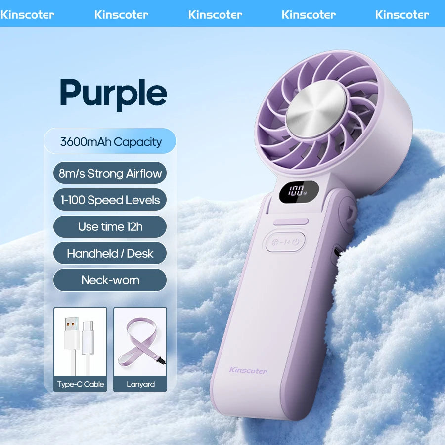 3600mAh Rechargeable Electric Handheld Fan 100 Speeds Adjustable Portable Outdoor Foldable Mini Air Cooling Turbo Fan w/ Lanyard