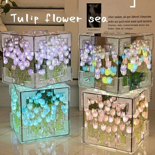 🌷 3D noční světlo s mořskou krychlí a květinovým motivem tulipánu – věčná zahrada v zářící křišťálové krychli