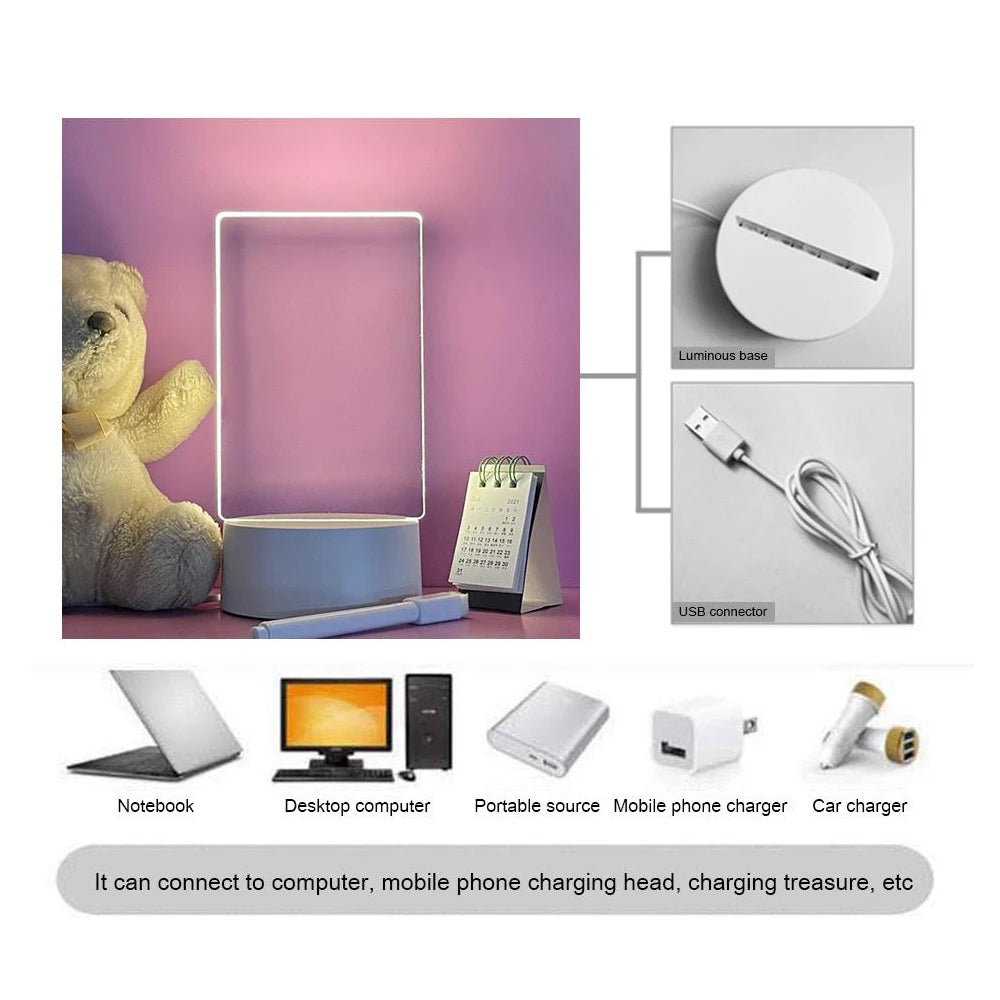 Akryl LED -opslagstavle Natlys - USB SLASABLE MEMO Lampe med pen til skrivebord, gaver og omgivende belysning