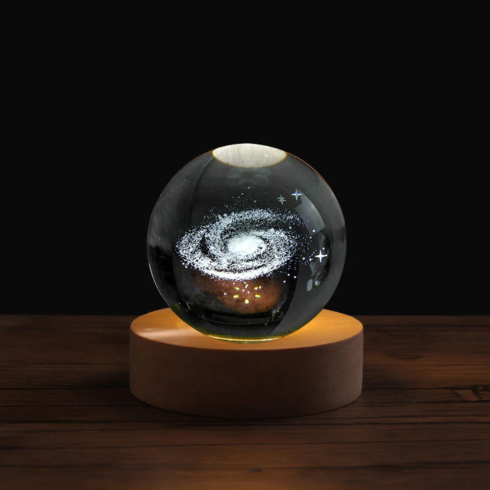 Solas Oíche Liathróid Léasair 3D Laser - Lampa faoi stiúir USB le bonn adhmaid