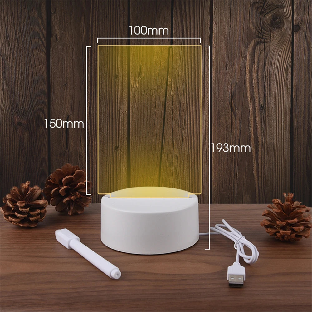 Akryl LED -opslagstavle Natlys - USB SLASABLE MEMO Lampe med pen til skrivebord, gaver og omgivende belysning