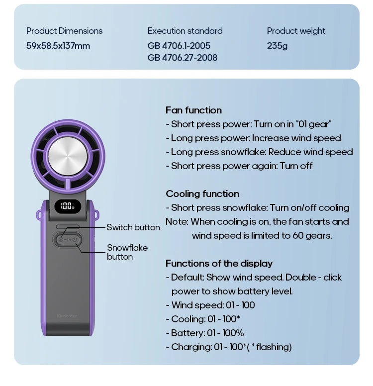 3600mAh Rechargeable Electric Handheld Fan 100 Speeds Adjustable Portable Outdoor Foldable Mini Air Cooling Turbo Fan w/ Lanyard