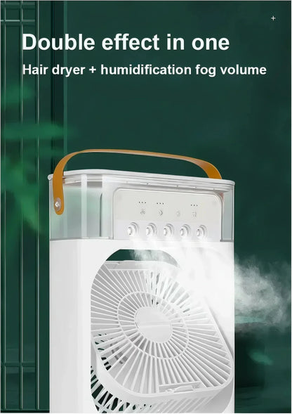 3-i-1 bærbar luftkølerventilator-LED natlys, luftfugter og USB-drevet mini AC