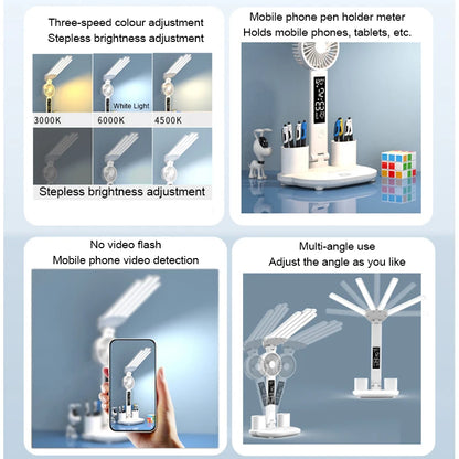 Wiederaufladbare Tischlampe für das Studium, Schreibtischlampe Lesen LED -LED -Tischlicht mit Lüfter, LED -Uhr Dispaly Leselampe
