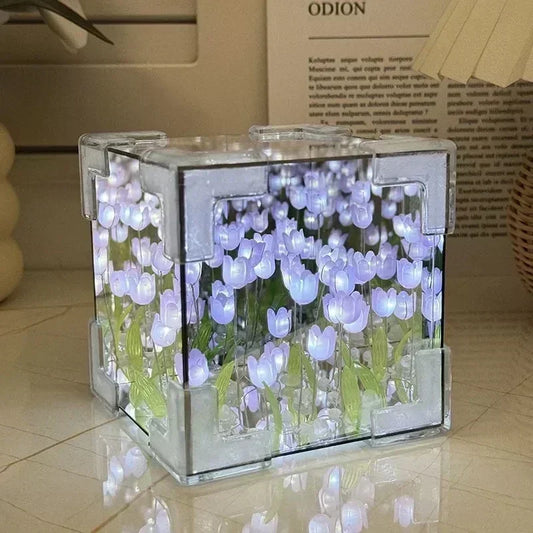 🌷 3D noční světlo s mořskou krychlí a květinovým motivem tulipánu – věčná zahrada v zářící křišťálové krychli